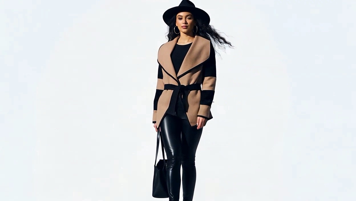 Model in a black hat and camel wrap jacket